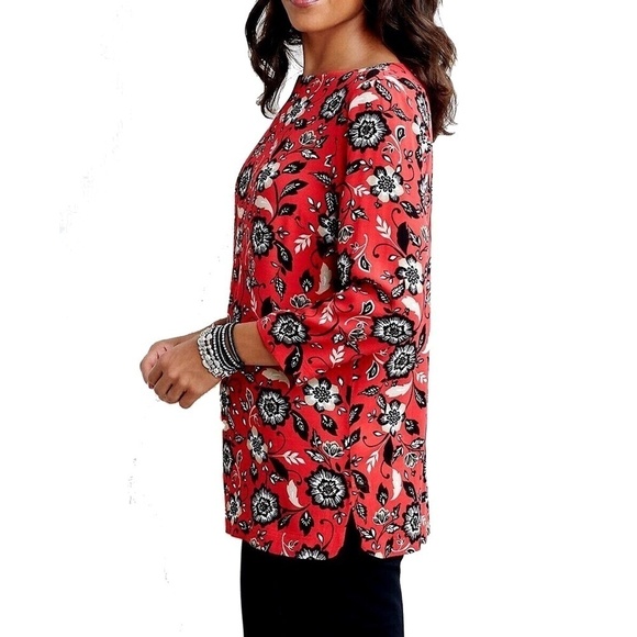 J. Jill Tunic Top Red Floral Filigree Viscose Rayon Boat Neck Keyhole Back - Picture 4 of 16